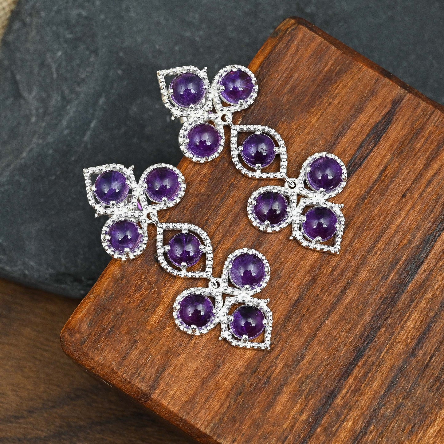 Foliole Silver Earrings with Amethyst