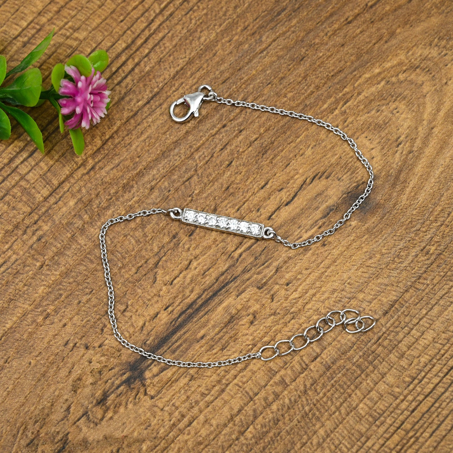Straight Line Silver Bracelet with Cubic Zirconia