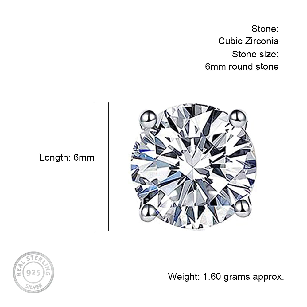Details of 6mm Round Sterling Silver Earrings with Single CZ