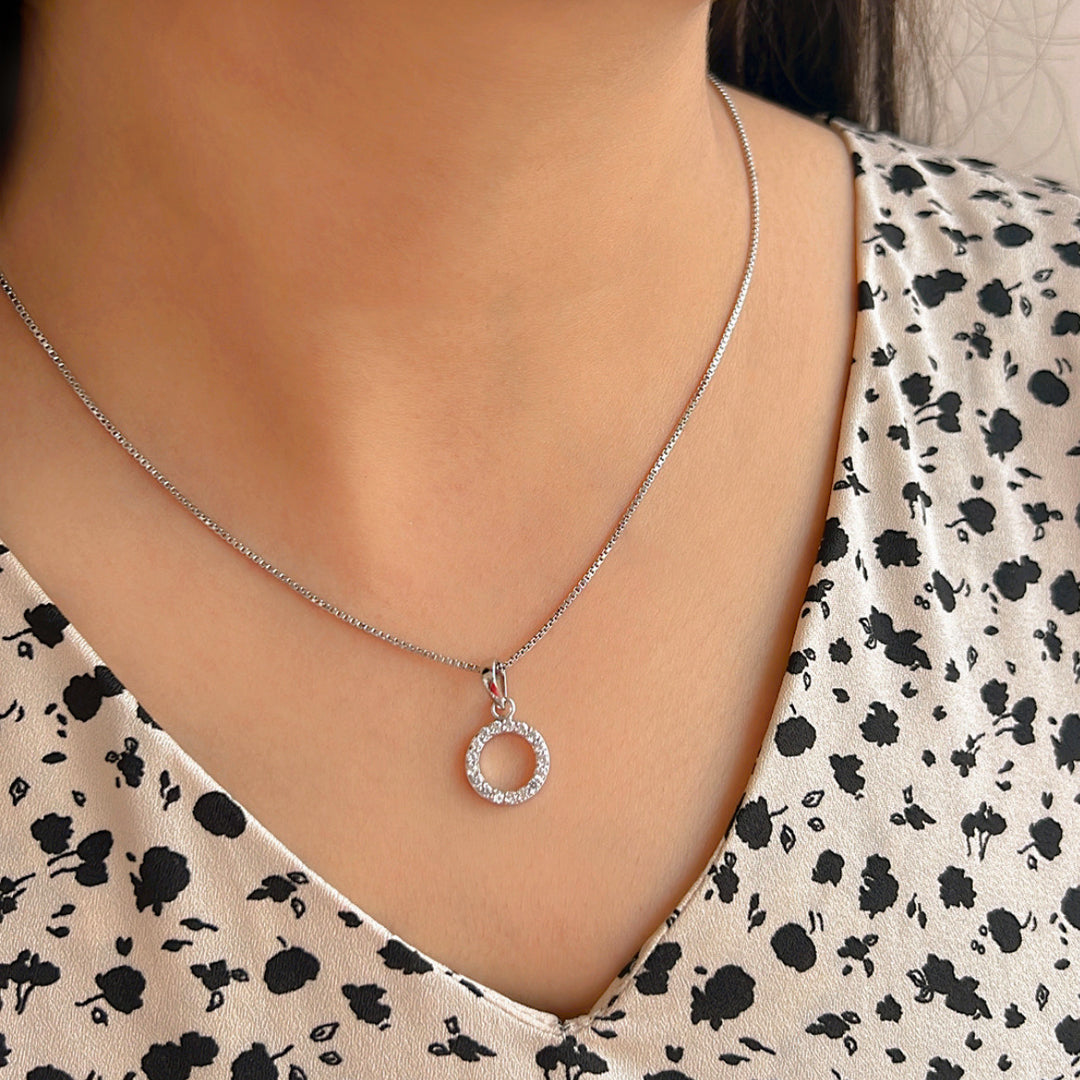 Circle Hollow Silver pendant in Cubic Zirconia with chain