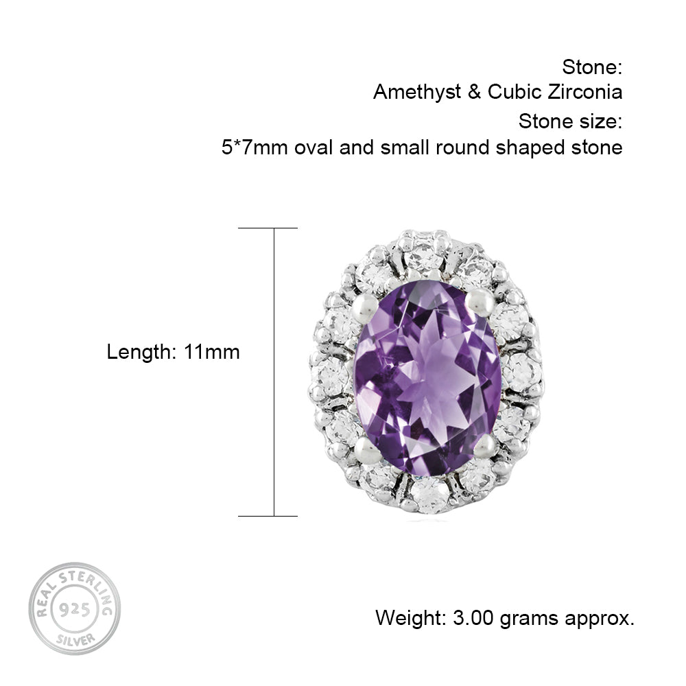 Cluster Oval Amethyst Silver Studs with Cubic Zirconia