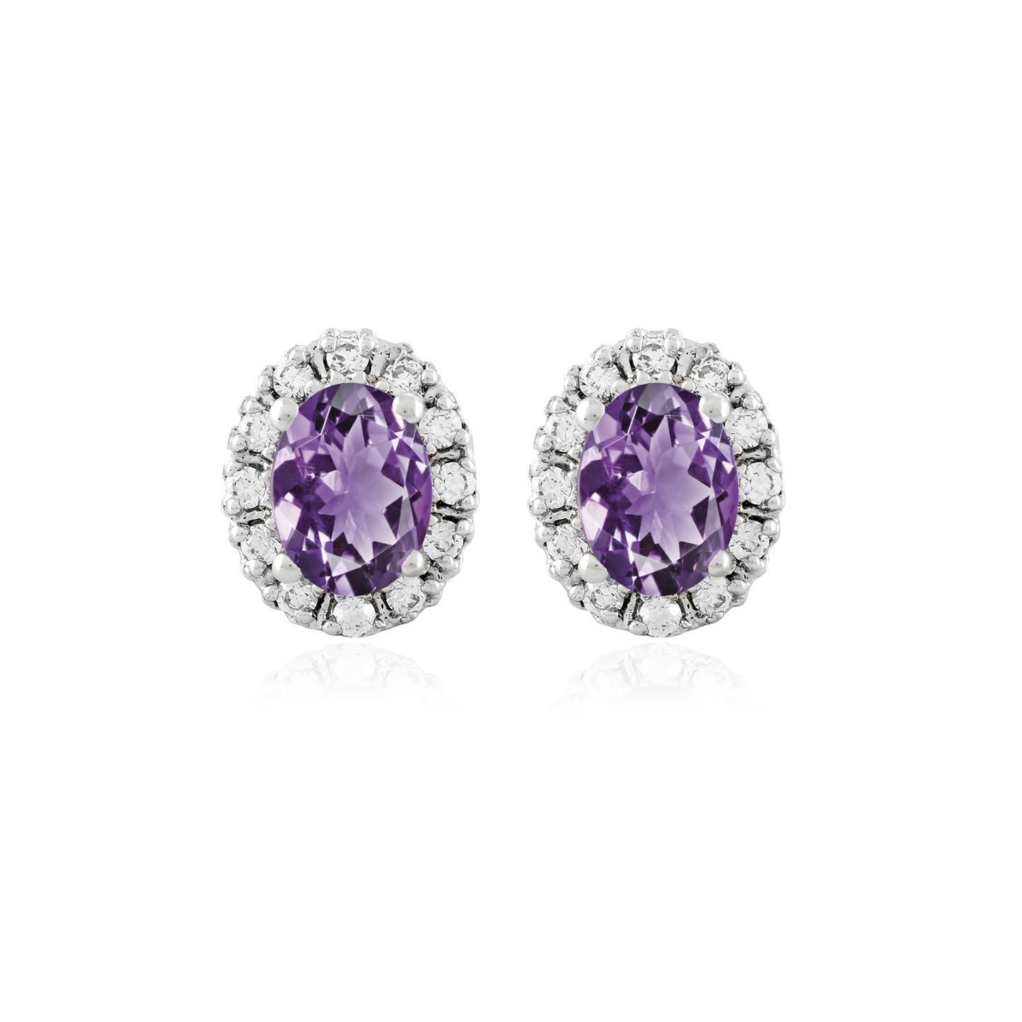 Cluster Oval Amethyst Silver Studs with Cubic Zirconia
