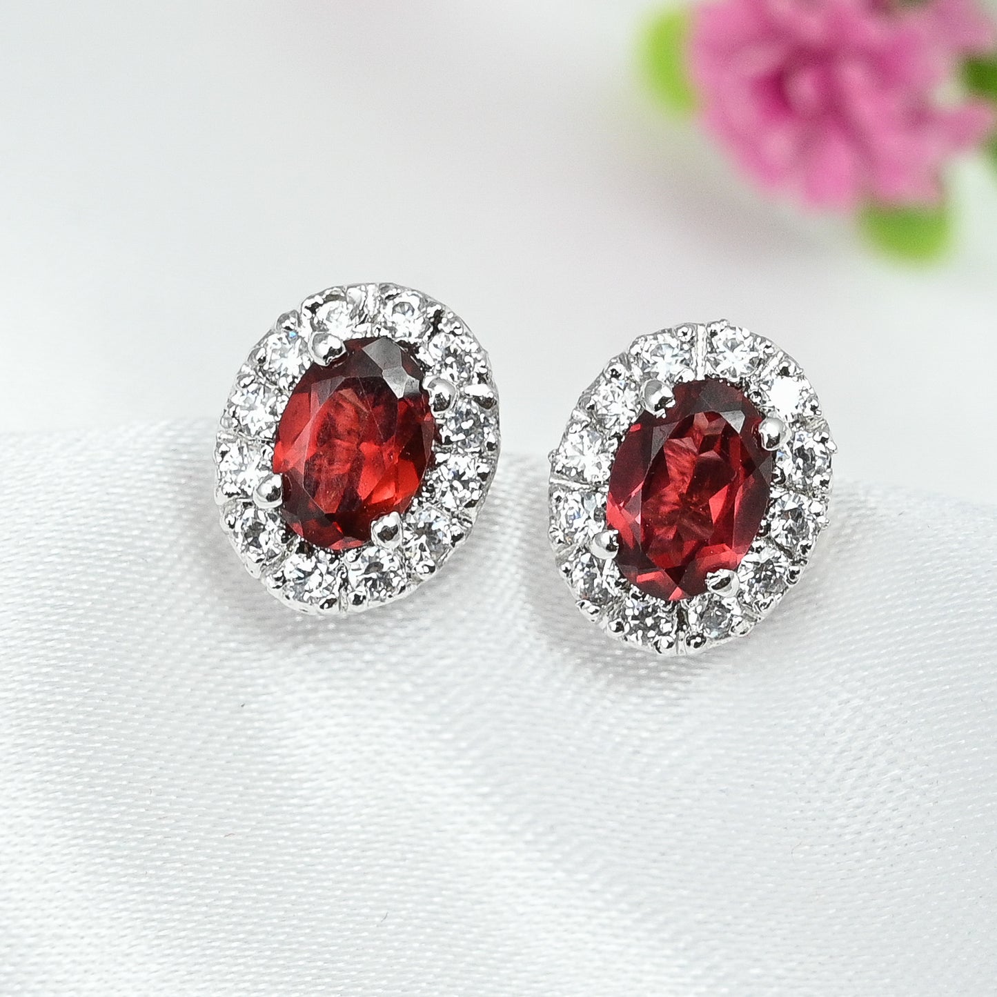 Cluster Oval Garnet Silver Studs with Cubic Zirconia