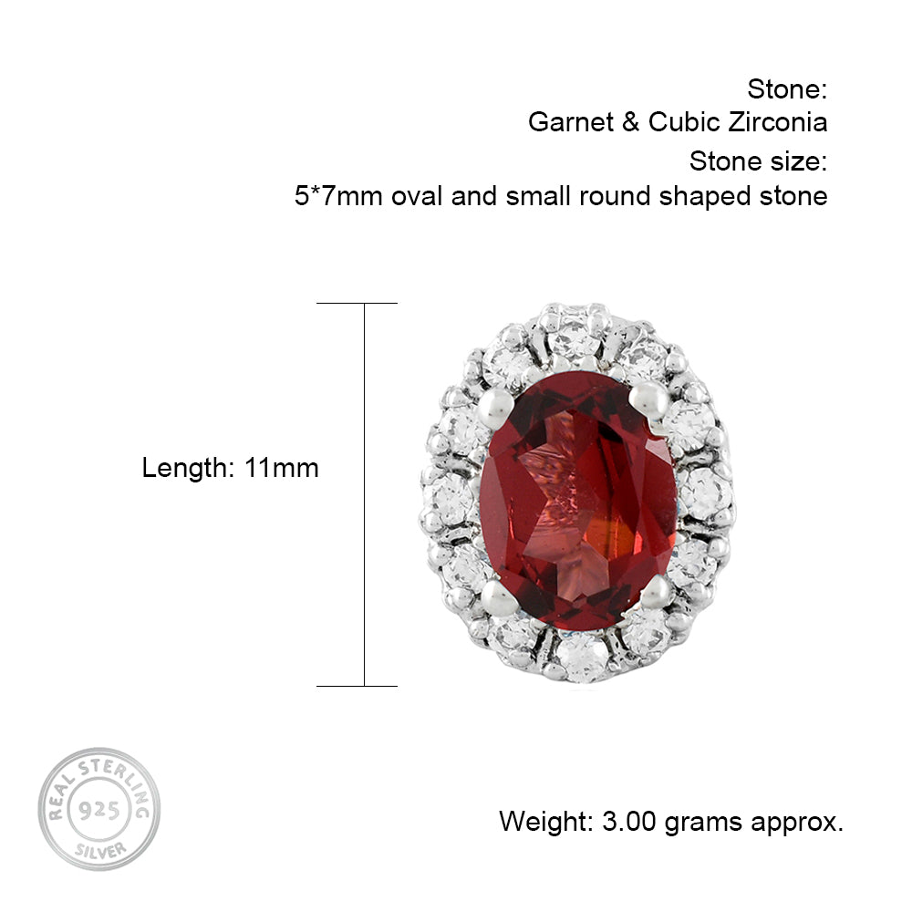 Cluster Oval Garnet Silver Studs with Cubic Zirconia