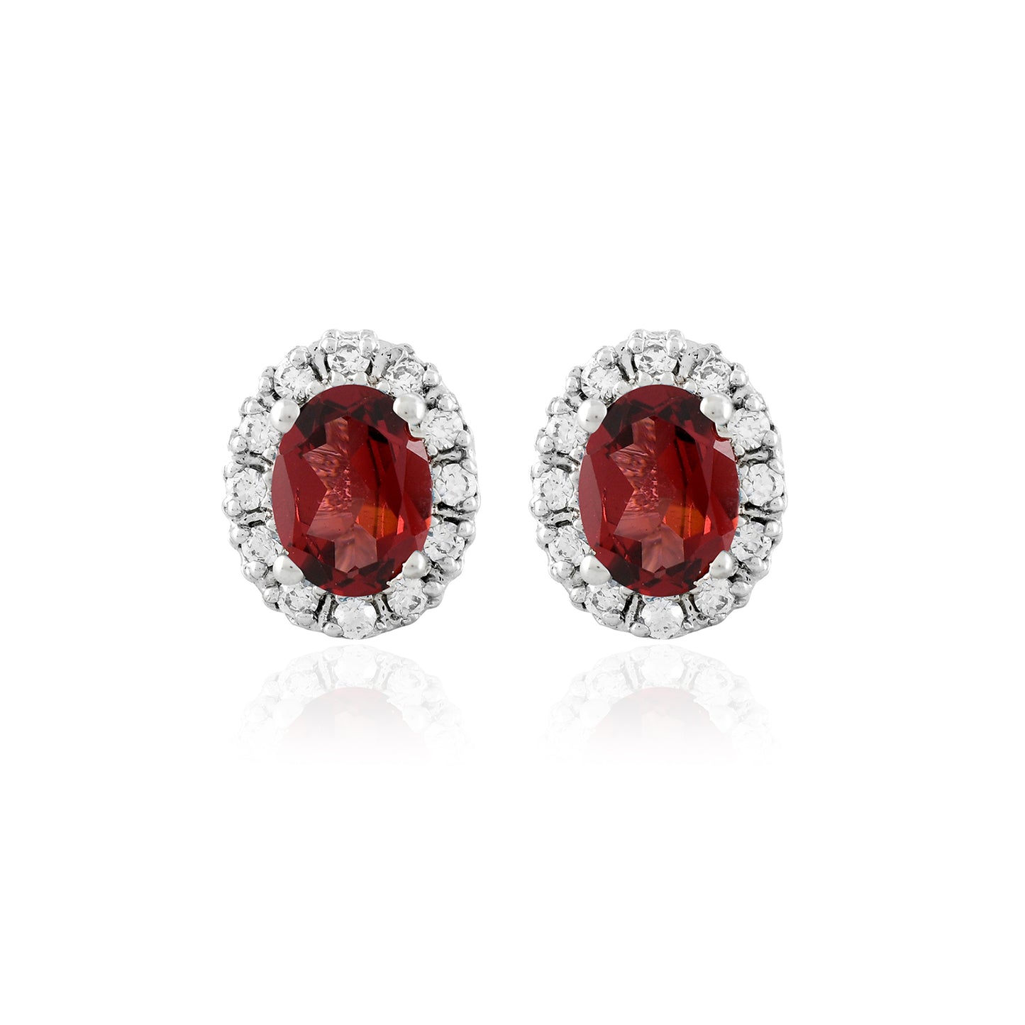 Cluster Oval Garnet Silver Studs with Cubic Zirconia