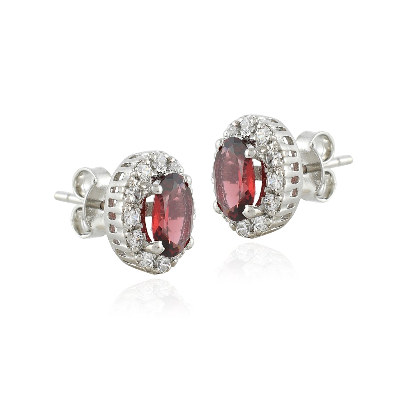 Cluster Oval Garnet Silver Studs with Cubic Zirconia