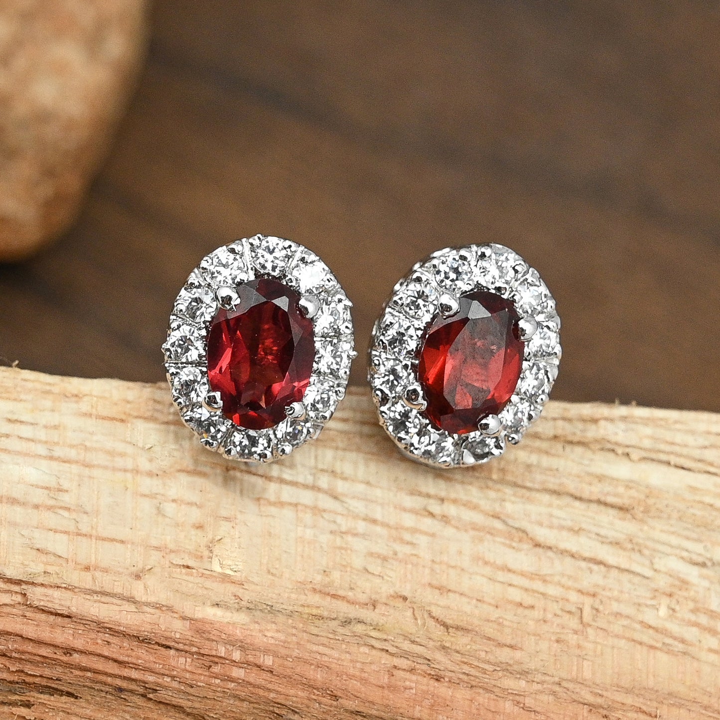Cluster Oval Garnet Silver Studs with Cubic Zirconia