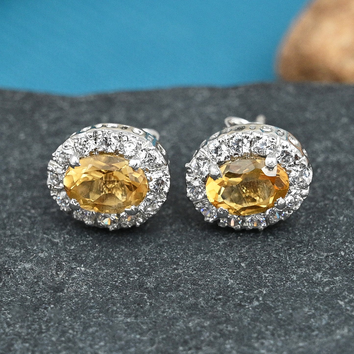 Cluster Oval Golden Topaz Silver Studs with Cubic Zirconia