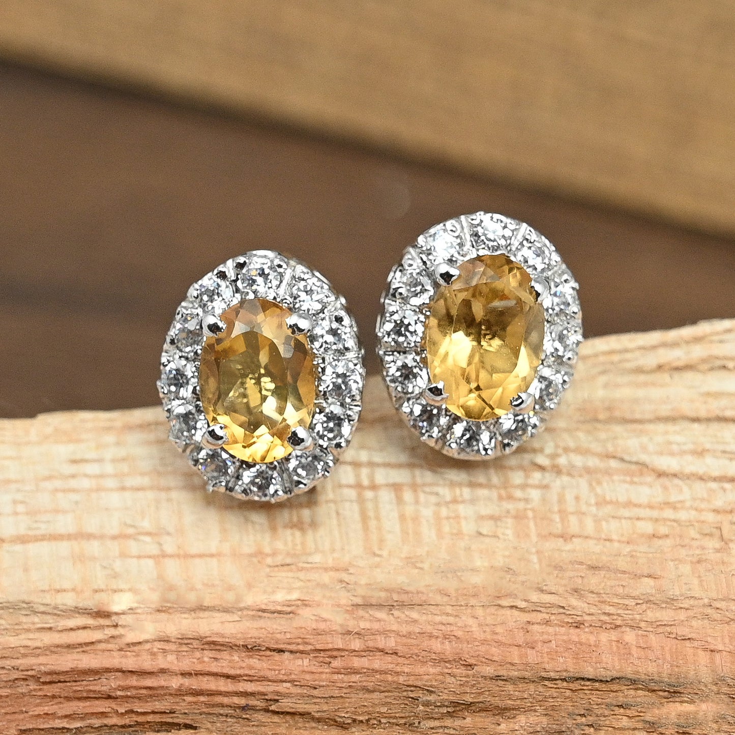 Cluster Oval Golden Topaz Silver Studs with Cubic Zirconia