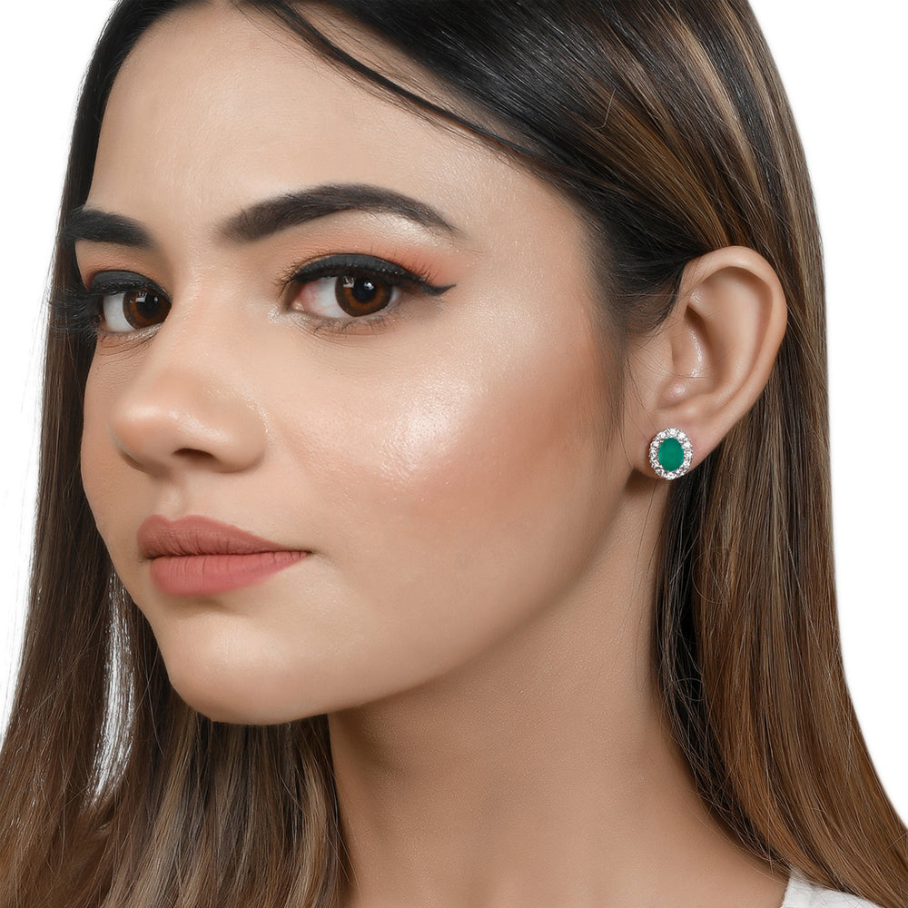 Cluster Oval Green Onyx Silver Studs with Cubic Zirconia