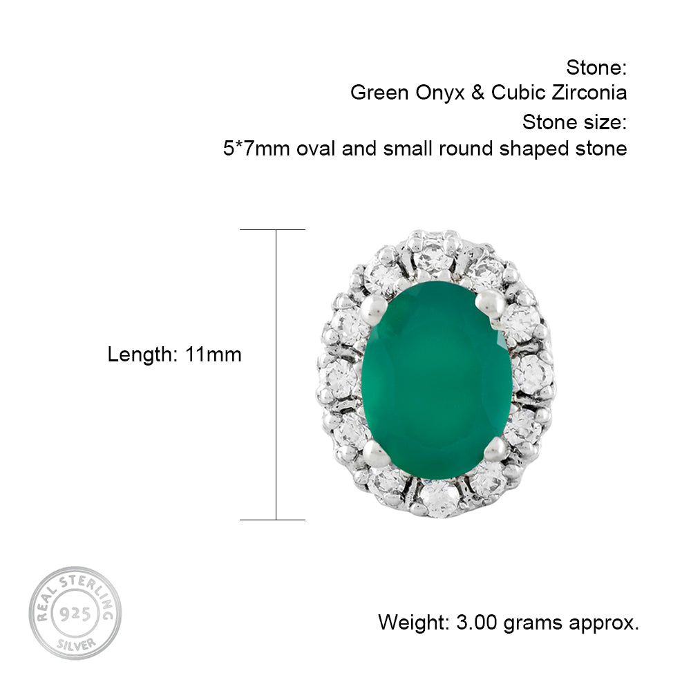 Cluster Oval Green Onyx Silver Studs with Cubic Zirconia