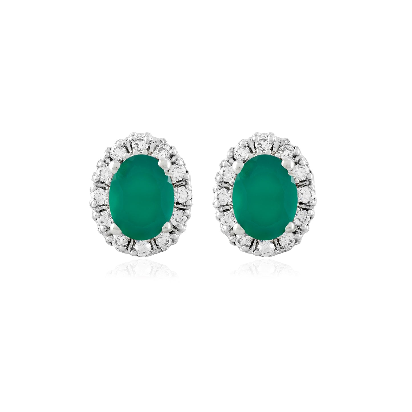 Cluster Oval Green Onyx Silver Studs with Cubic Zirconia