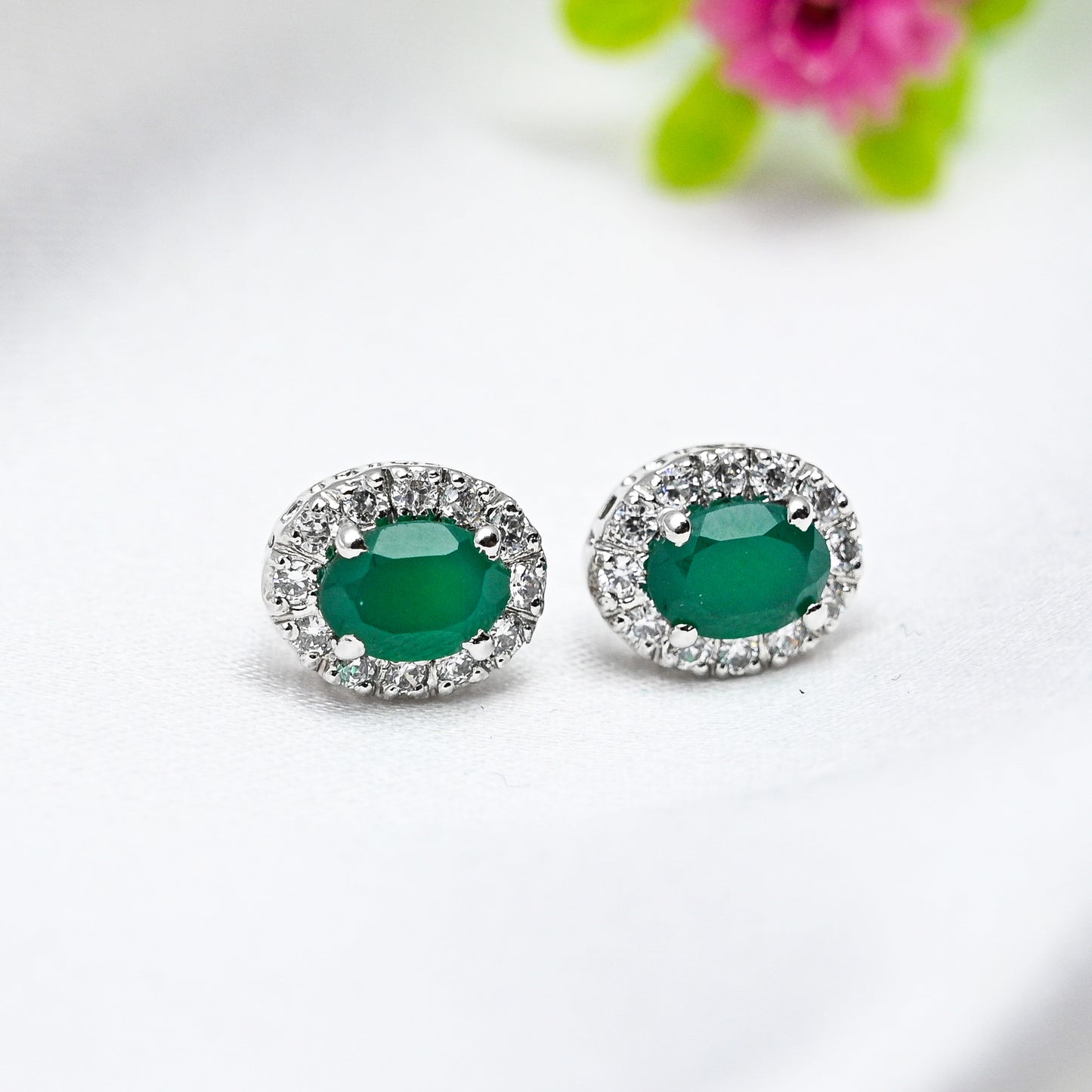 Cluster Oval Green Onyx Silver Studs with Cubic Zirconia