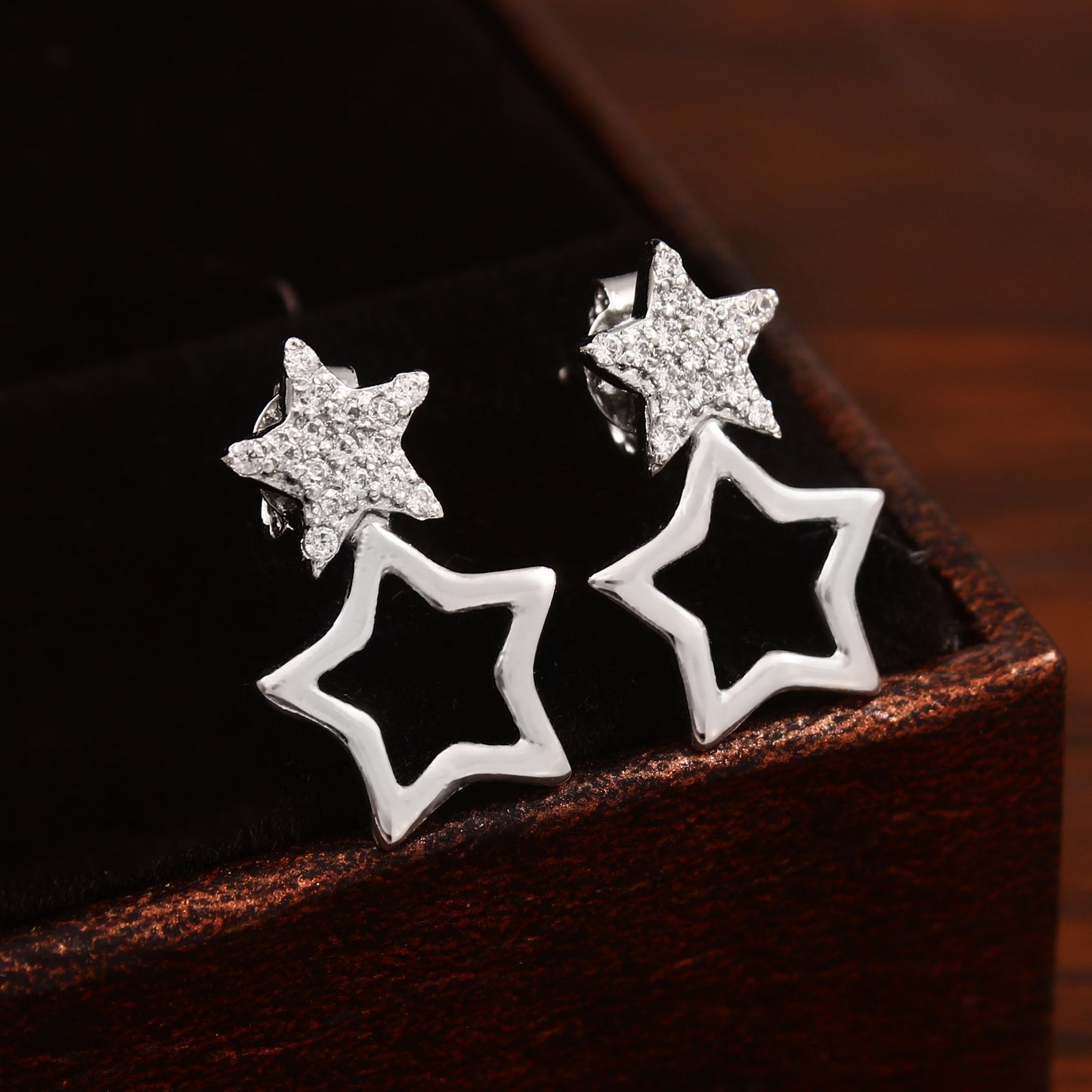 Double Star Silver Earrings with Cubic Zirconia