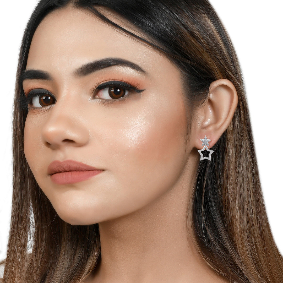Double Star Silver Earrings with Cubic Zirconia