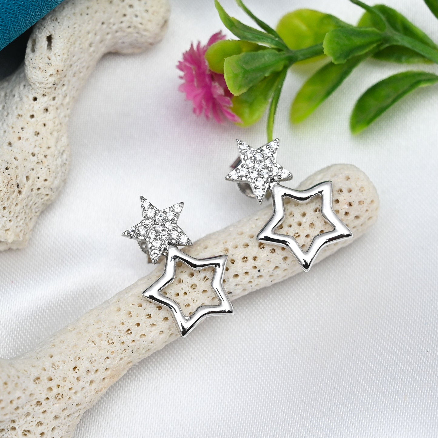Double Star Silver Earrings with Cubic Zirconia