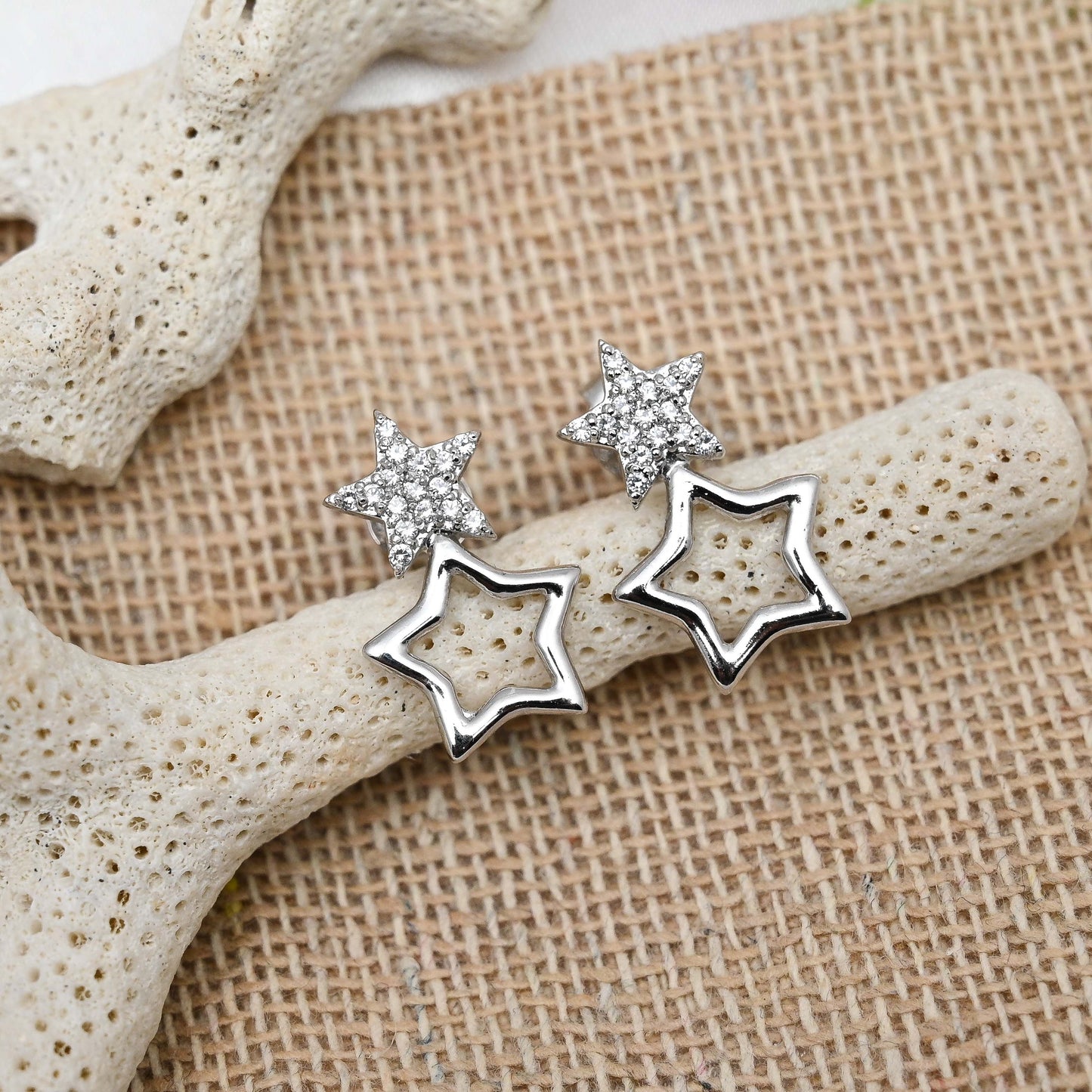 Double Star Silver Earrings with Cubic Zirconia