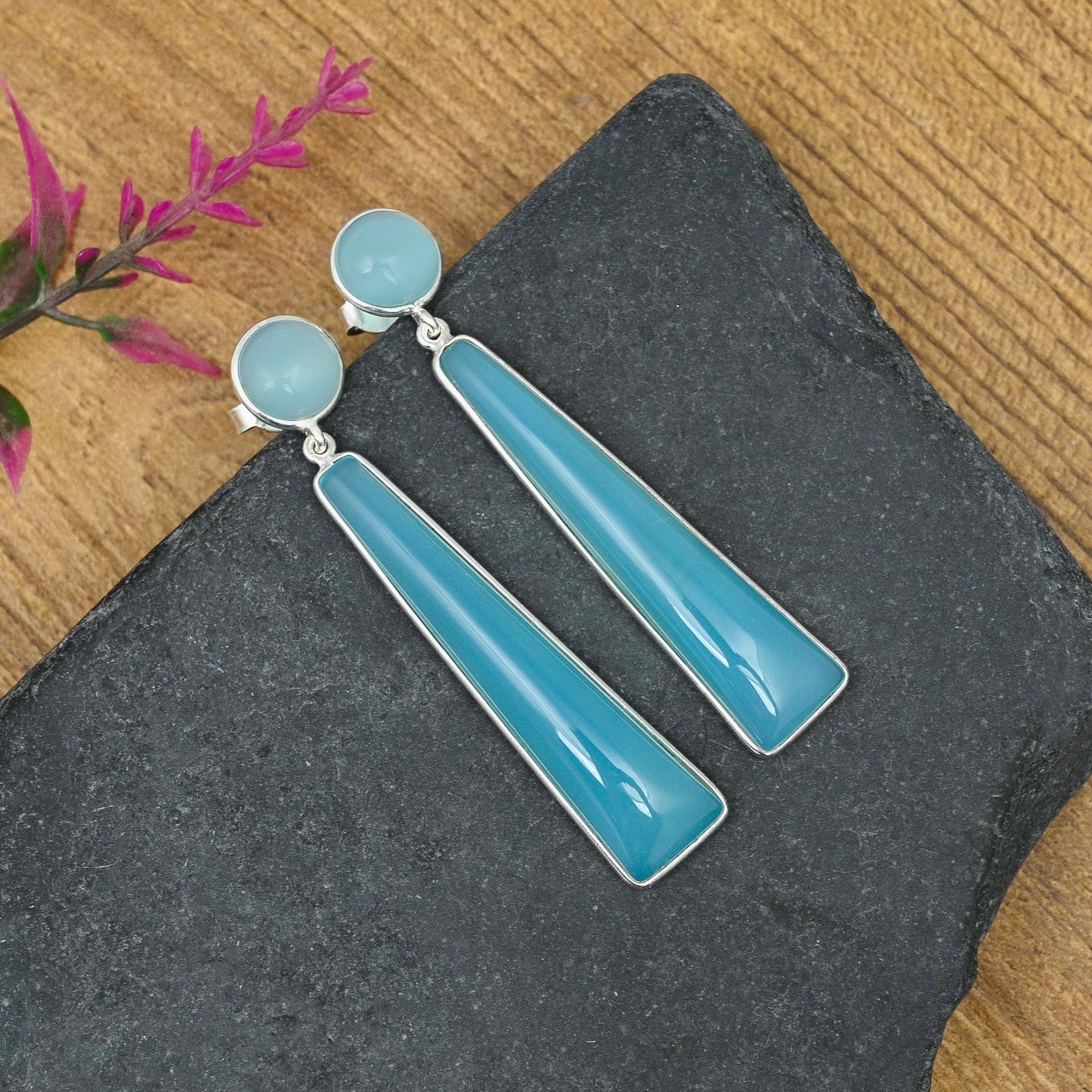 Elongate Silver Earrings with Blue Chalcedony