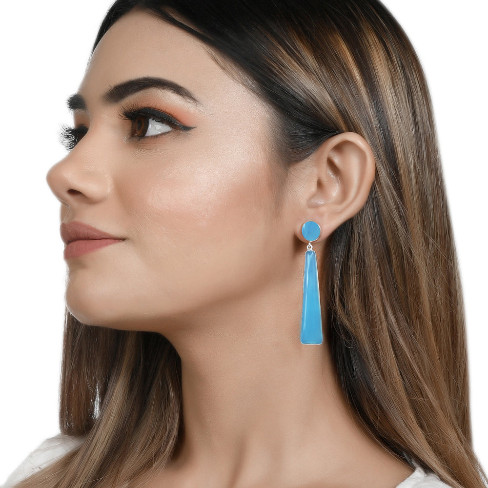Elongate Silver Earrings with Blue Chalcedony