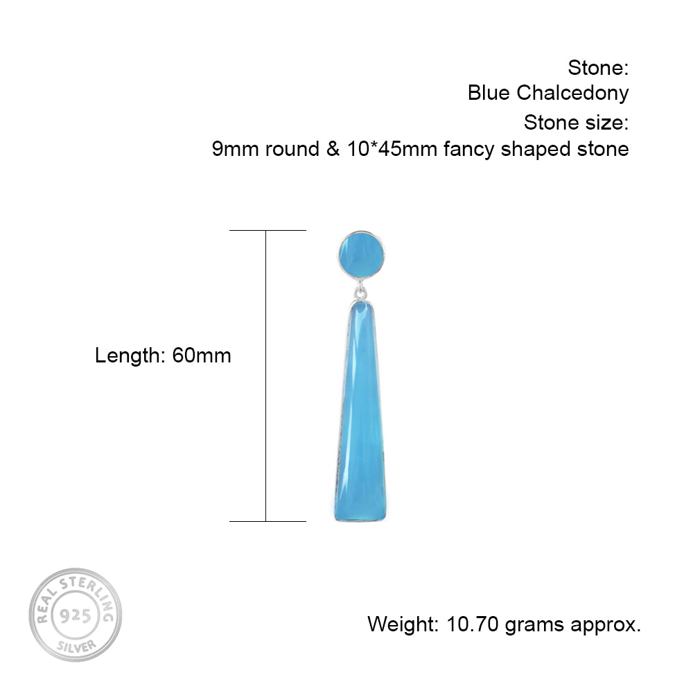 Elongate Silver Earrings with Blue Chalcedony