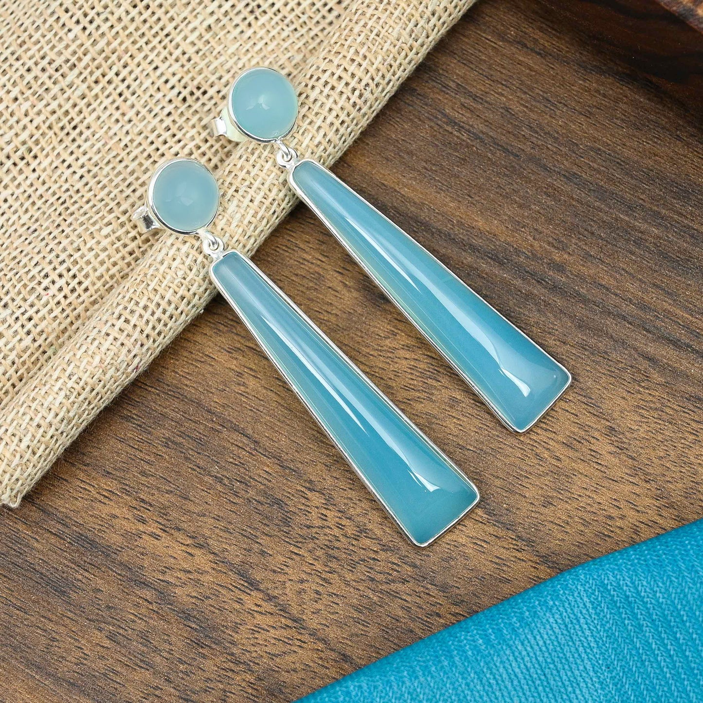 Elongate Silver Earrings with Blue Chalcedony
