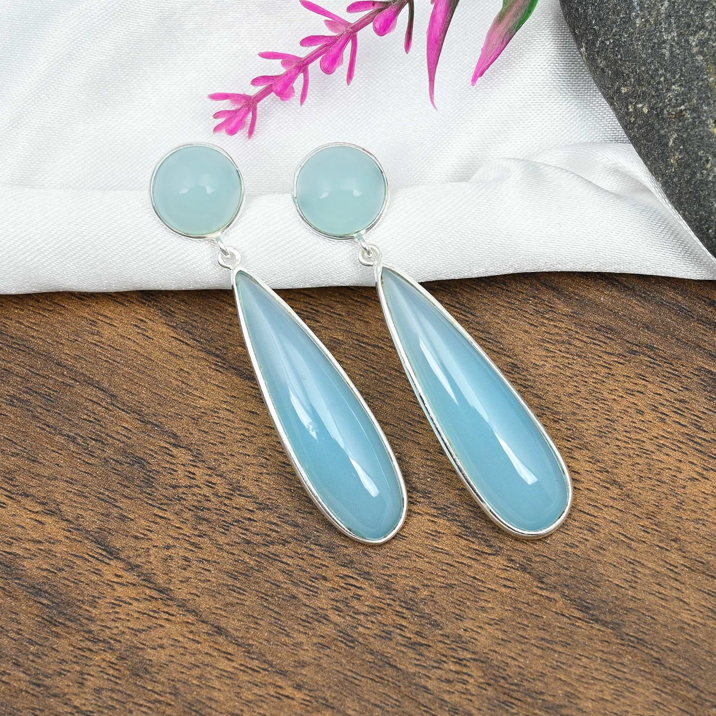 Tumid Silver Earrings with Blue Chalcedony