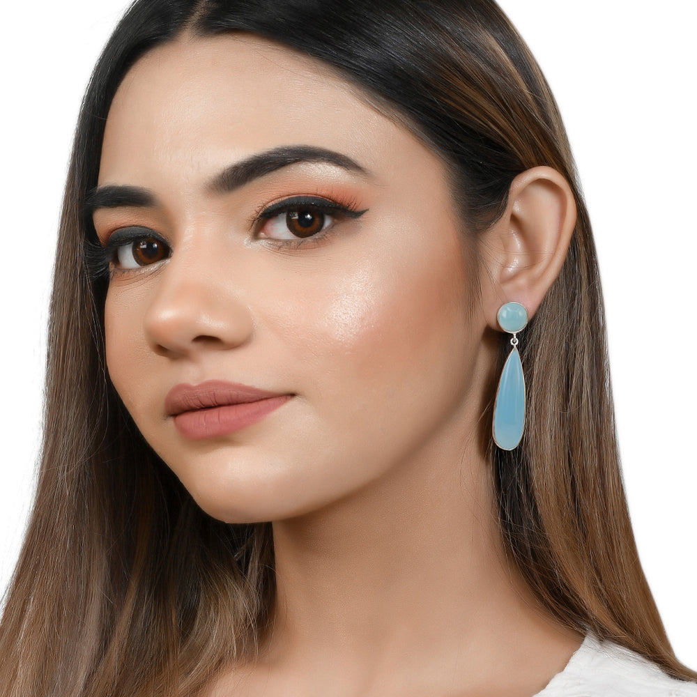 Tumid Silver Earrings with Blue Chalcedony