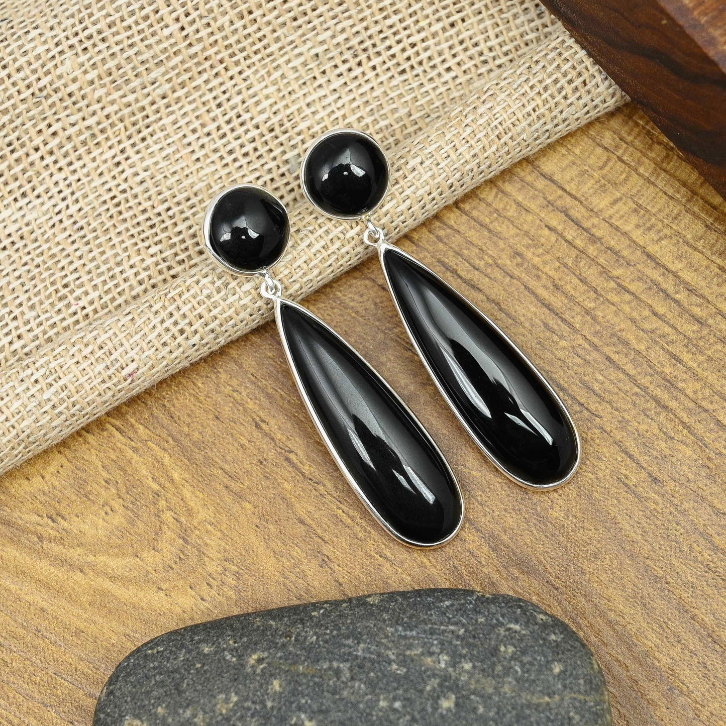 Tumid Silver Earrings with Black Onyx
