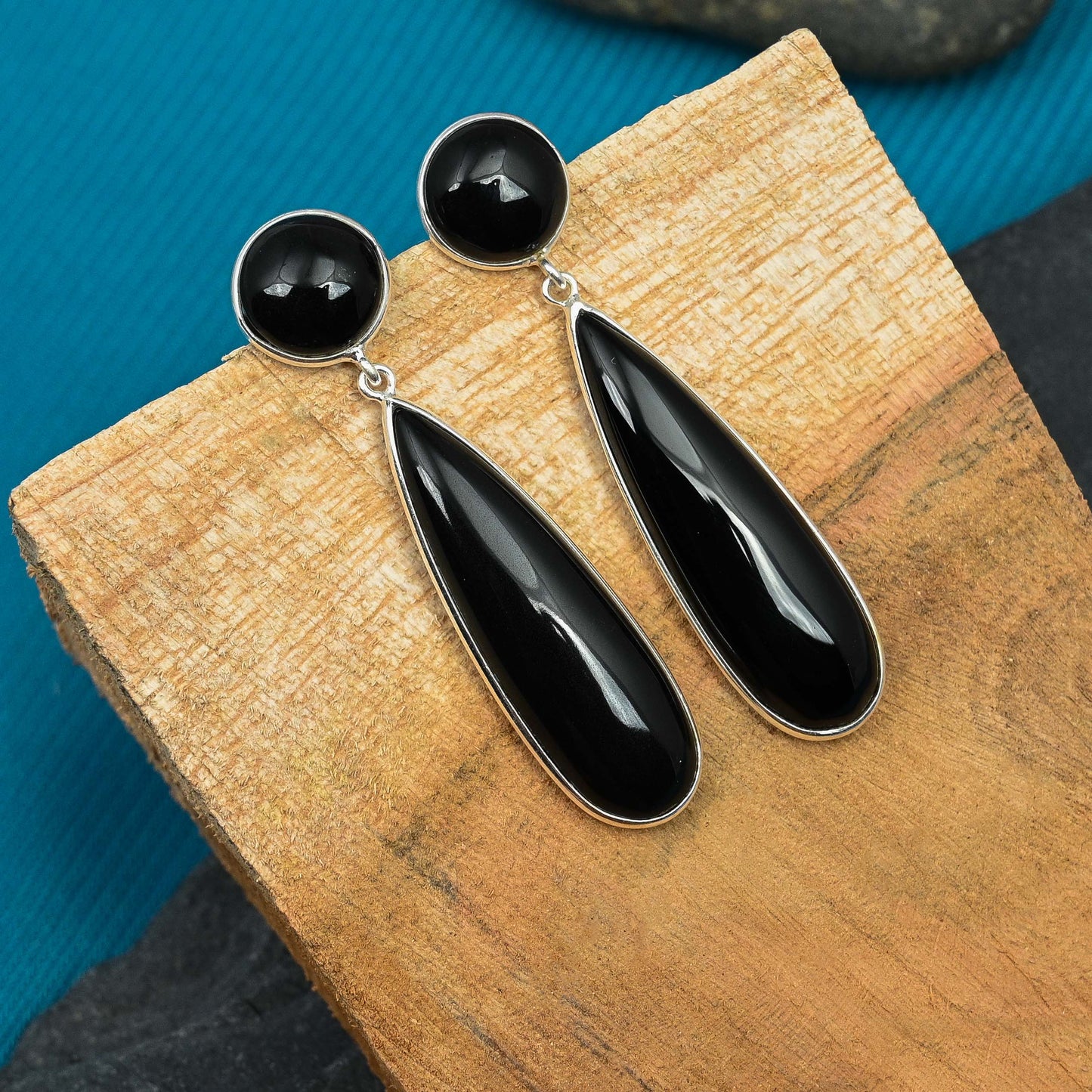 Tumid Silver Earrings with Black Onyx