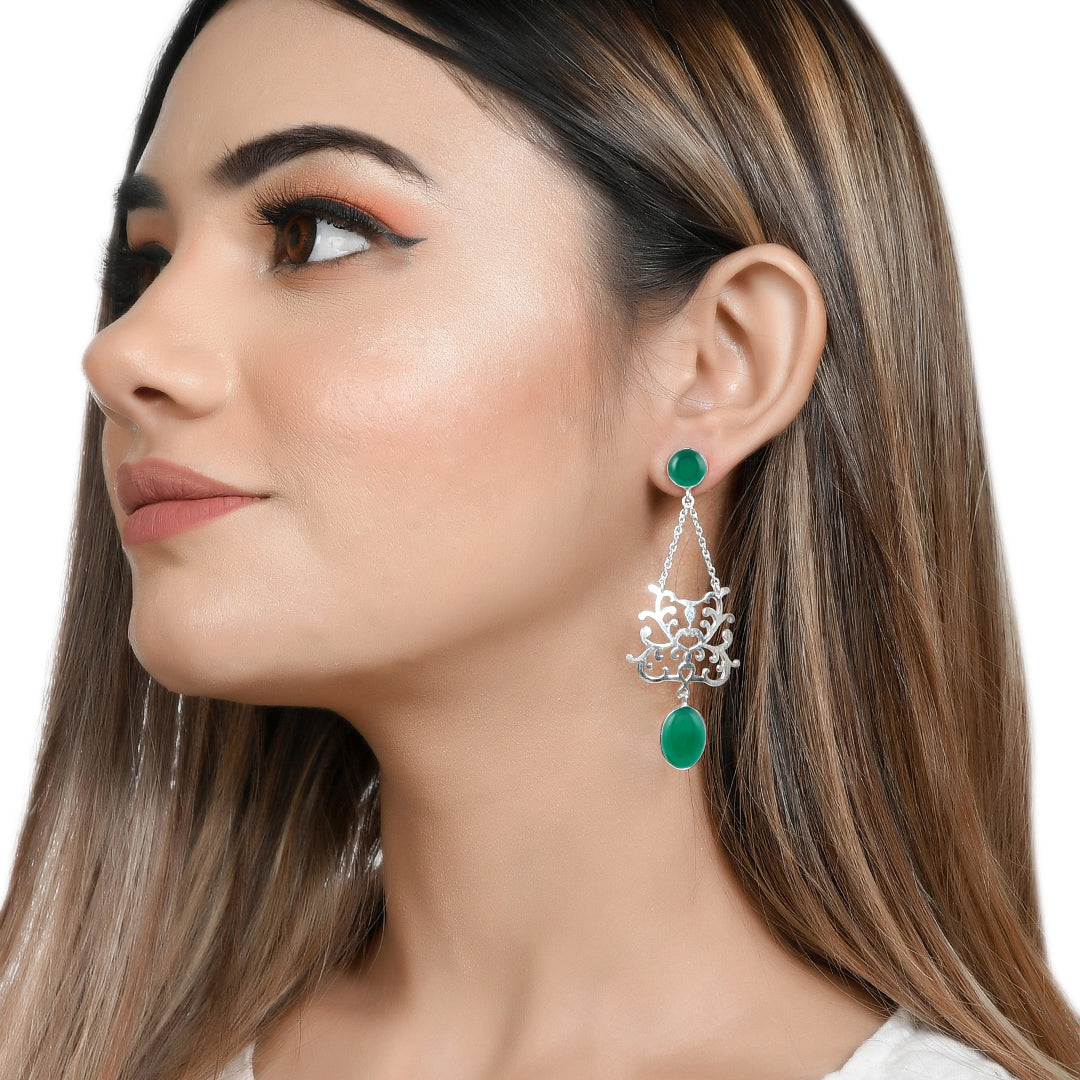 Nexus Silver Earrings with Green Onyx