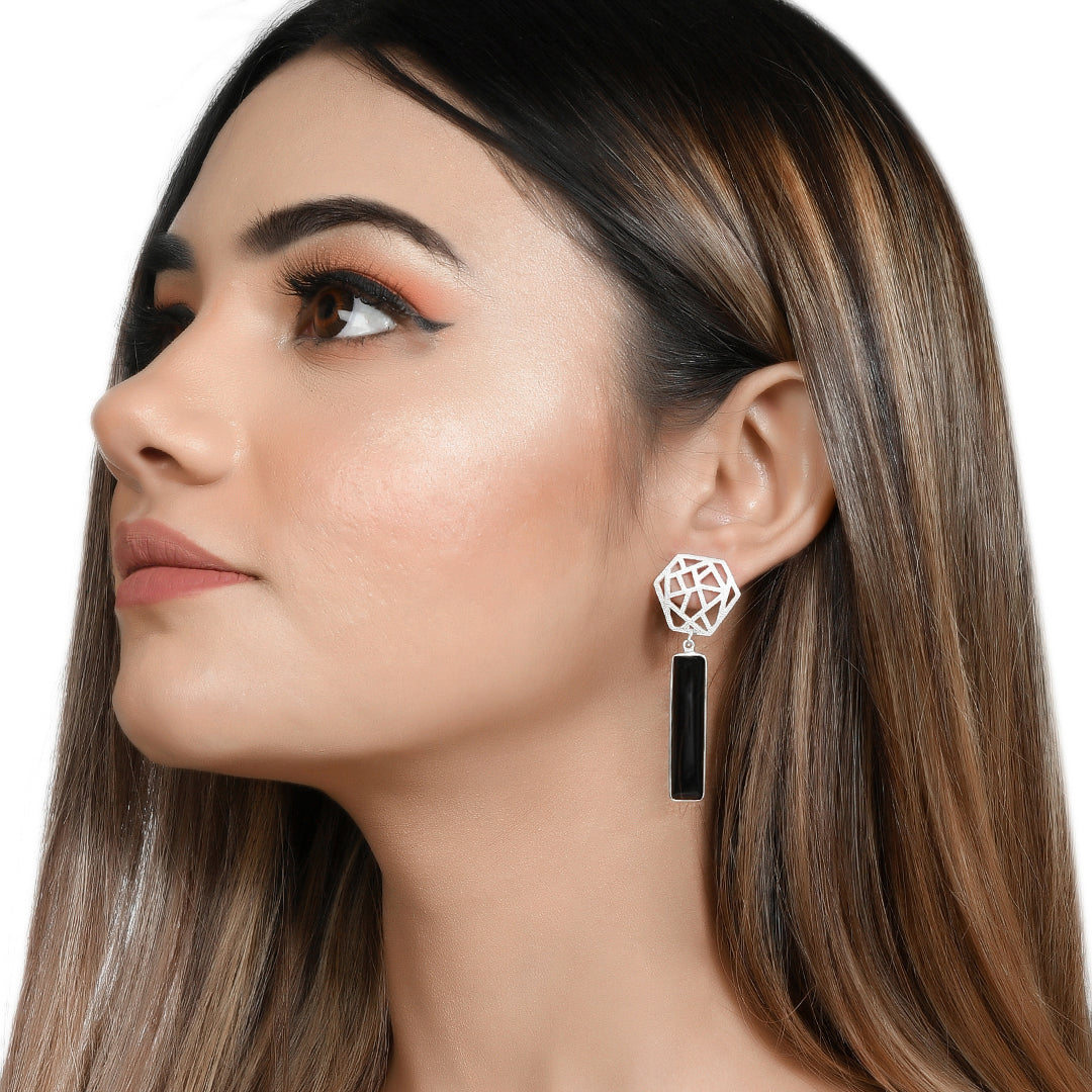 Boxy Silver Earrings with Black Onyx