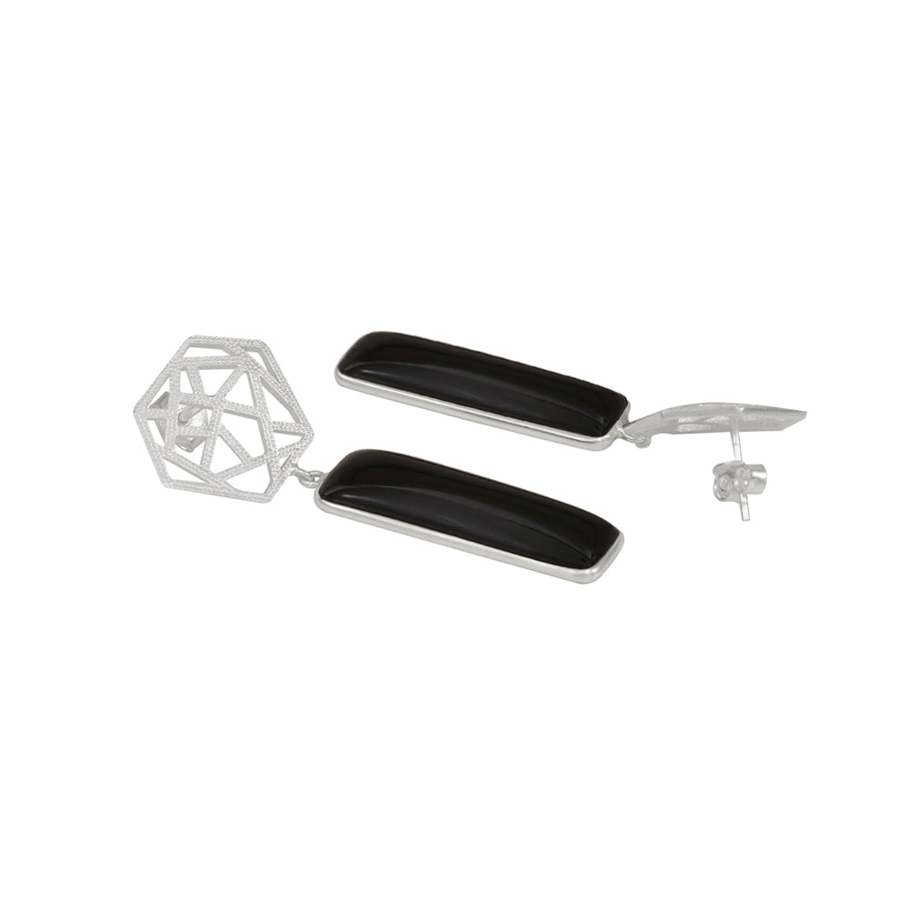 Boxy Silver Earrings with Black Onyx