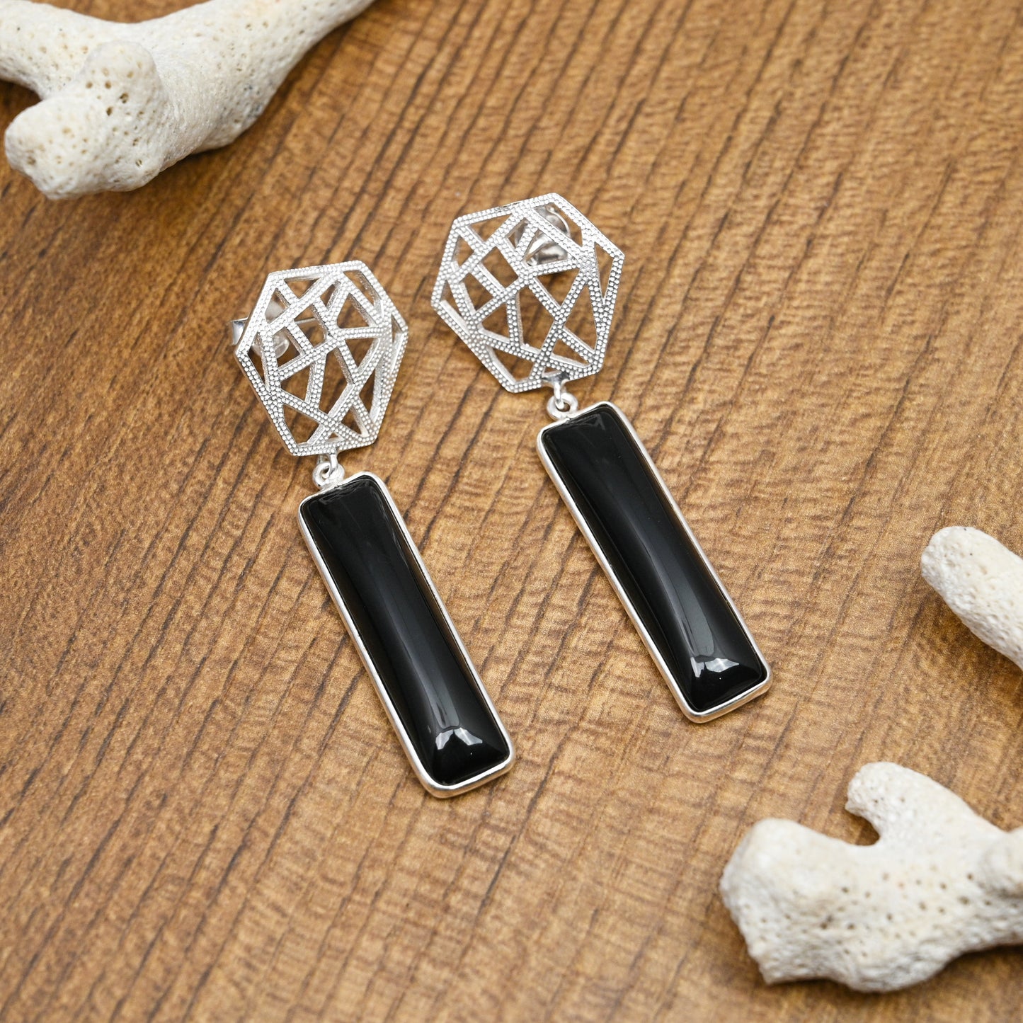 Boxy Silver Earrings with Black Onyx