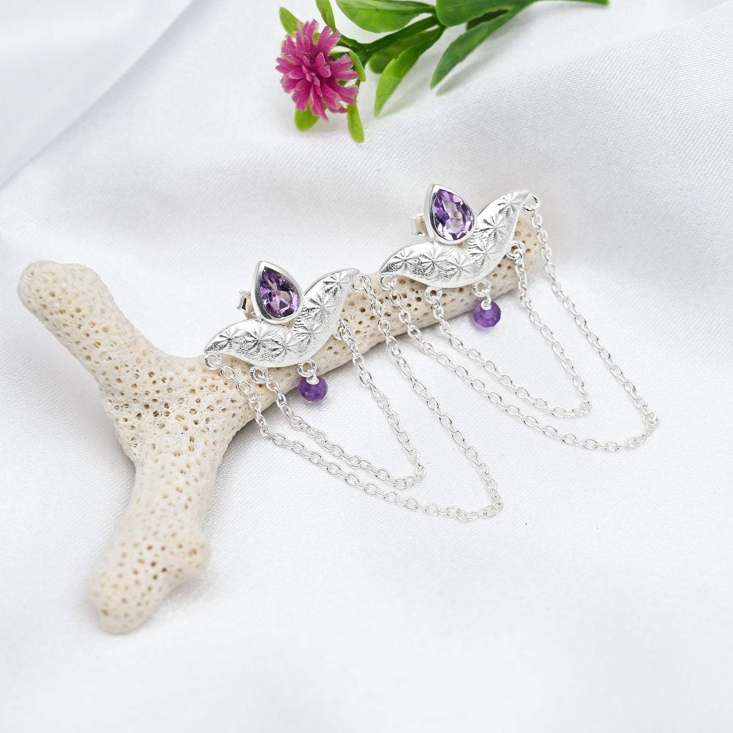 String Silver Earrings with Amethyst