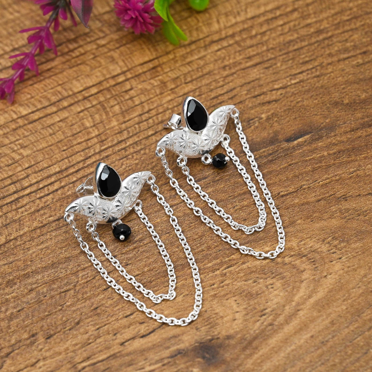 String Silver Earrings with Black Onyx
