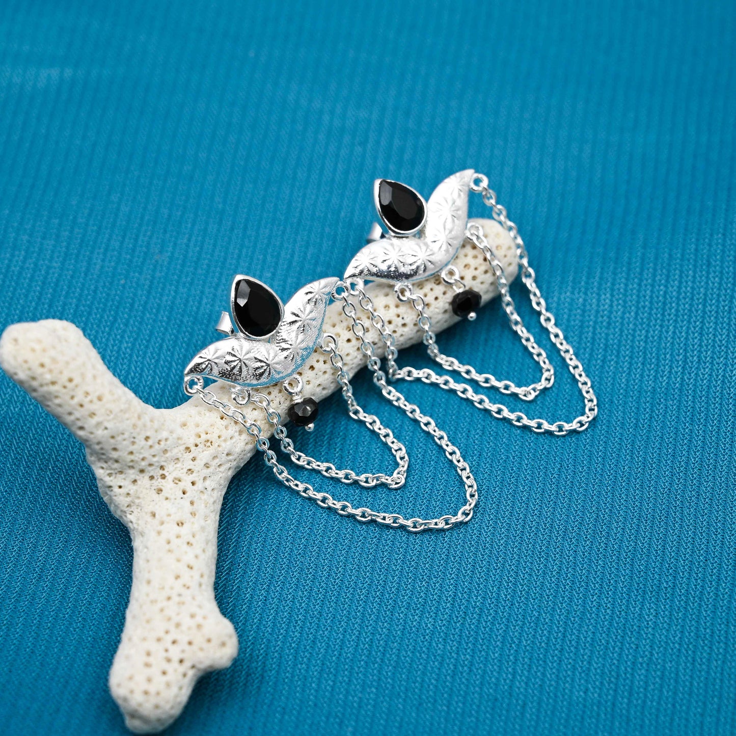 String Silver Earrings with Black Onyx