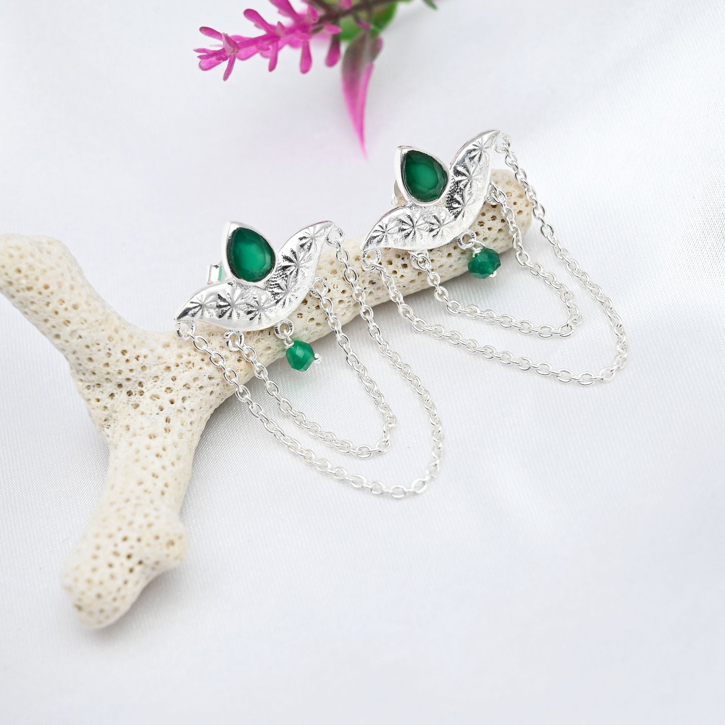 String Silver Earrings with Green Onyx