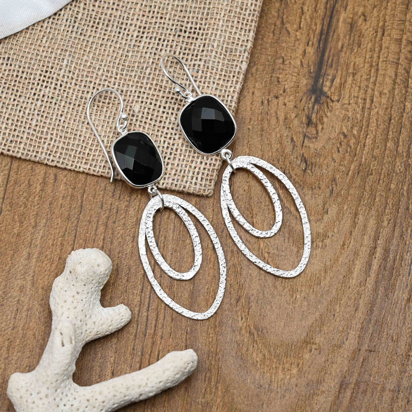 Ovate Silver Earrings with Black Onyx
