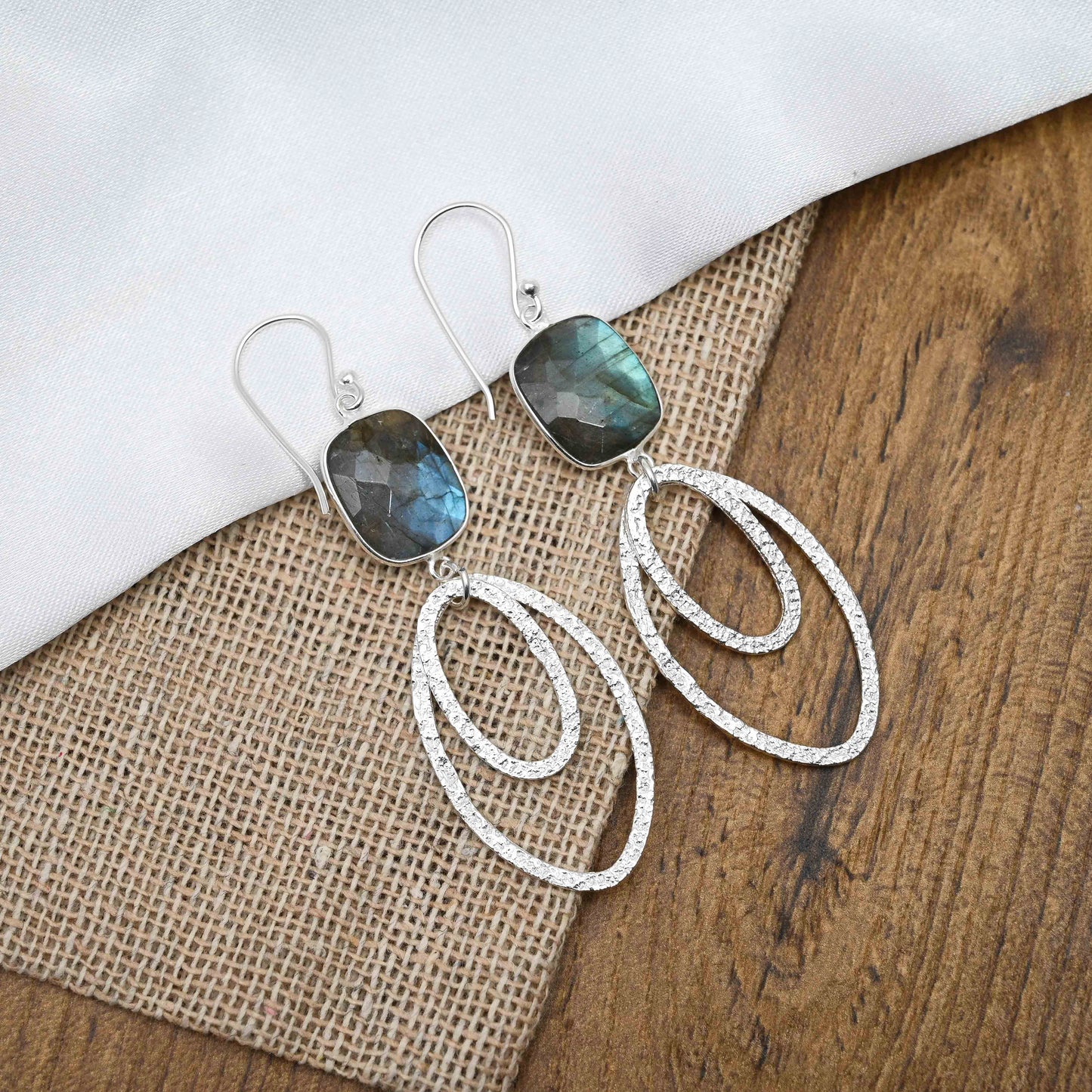 Ovate Silver Earrings with Labradorite