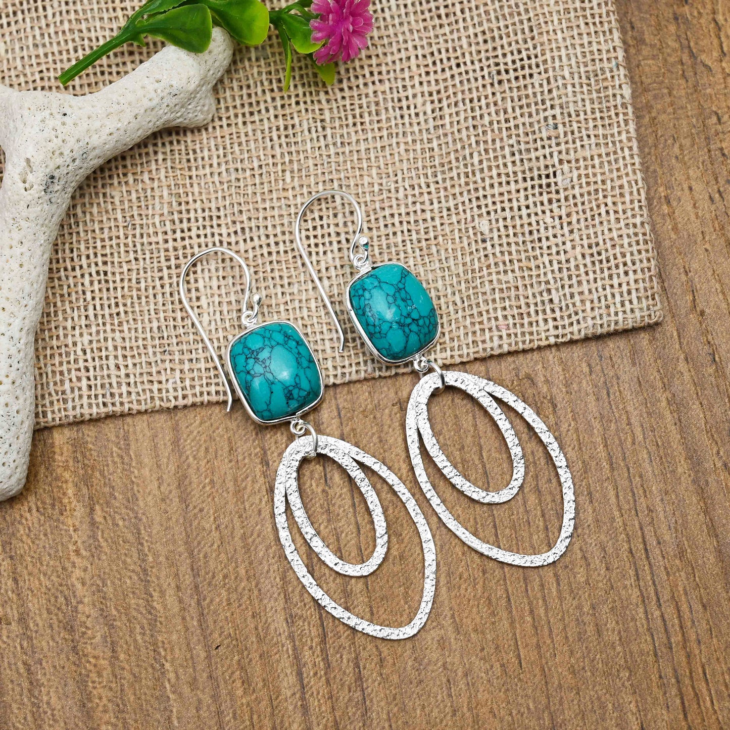 Ovate Silver Earrings with Turquoise