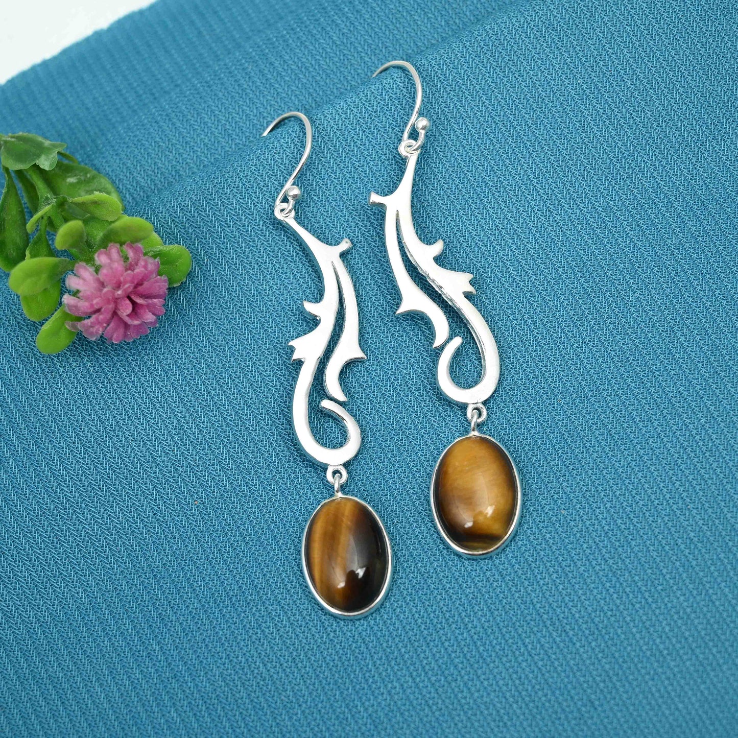 Spunky Silver Earrings with Tiger's Eye