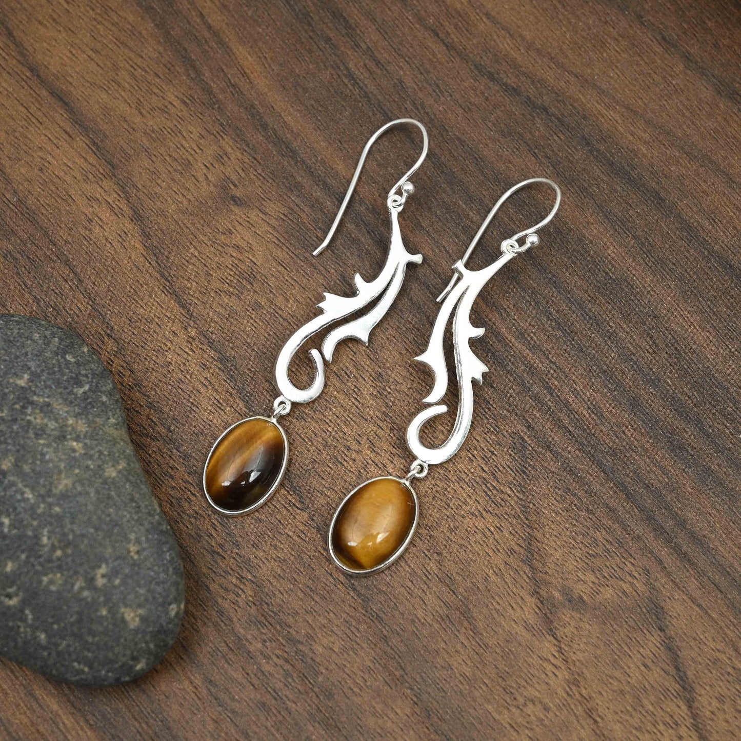 Spunky Silver Earrings with Tiger's Eye
