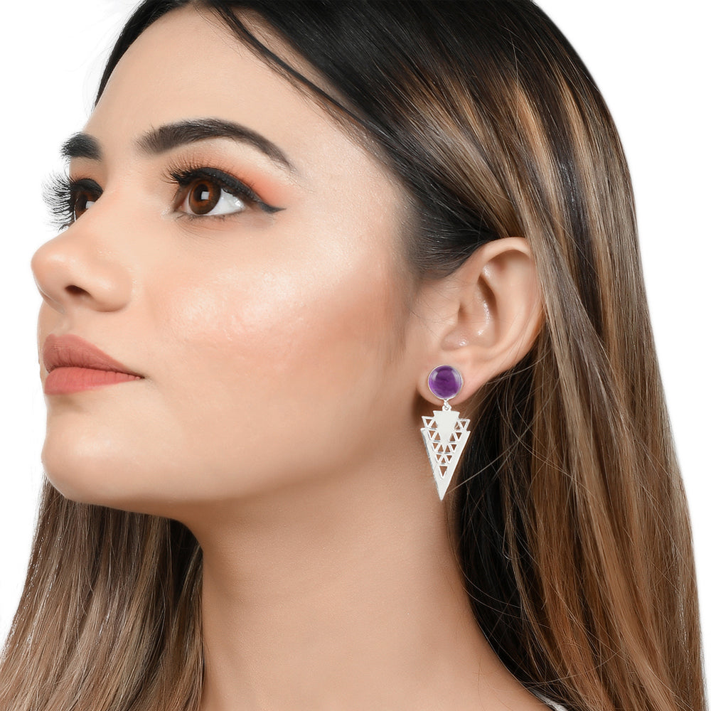 Our model wearing Amethyst studded beautiful long sterling silver earrings