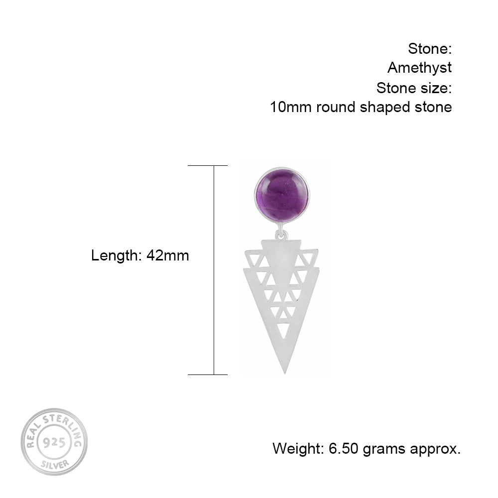 Measurement details for 42mm long silver earrings with 10mm round Amethyst gemstone