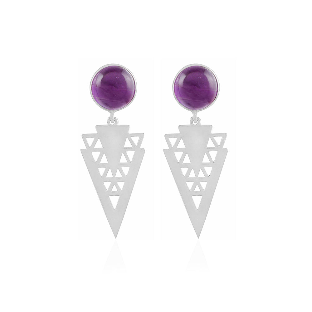 Shiny silver long earrings with round shaped amethyst gemstone for the perfect look.
