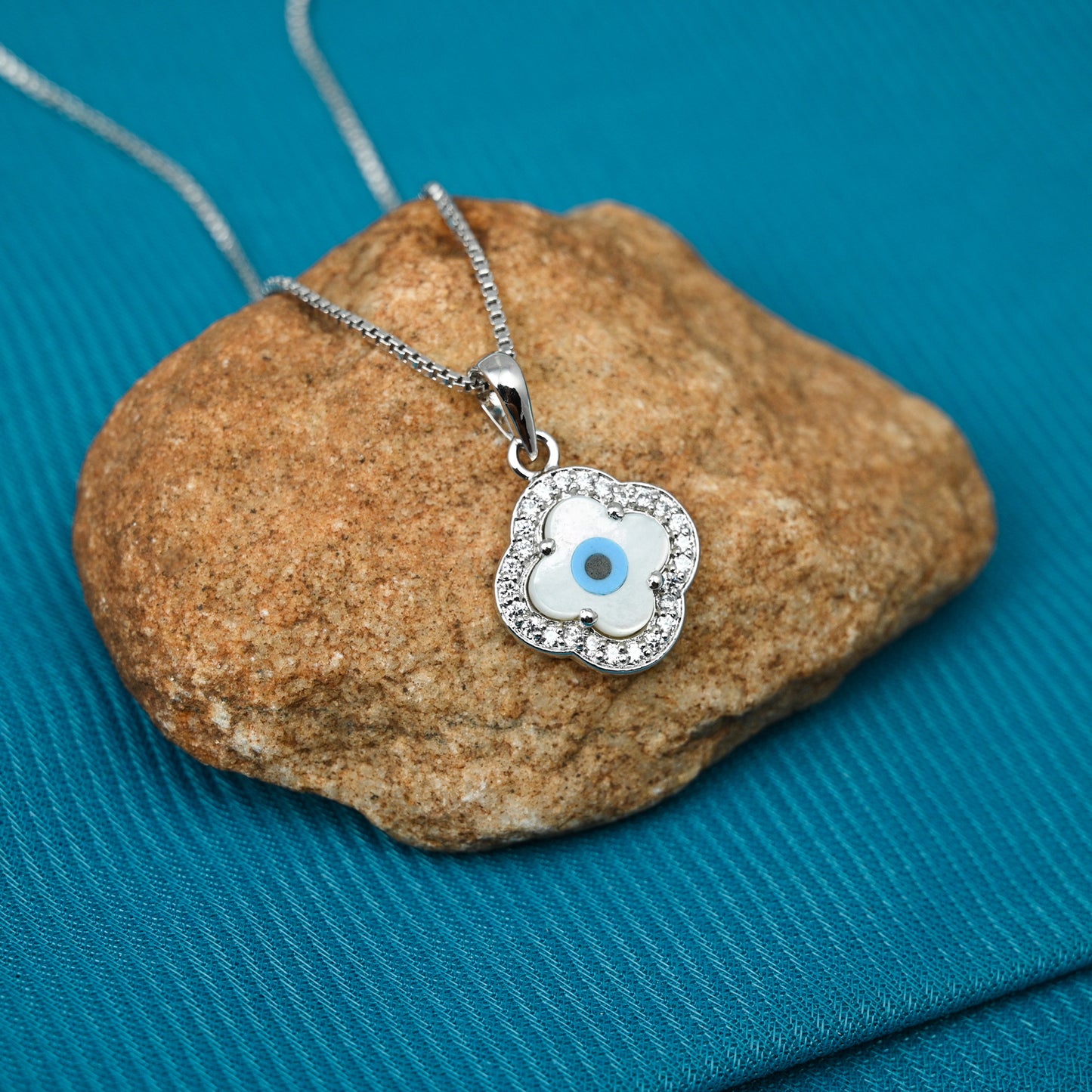 Evil Eye Silver pendant in Cubic Zirconia with chain (Clover shaped)