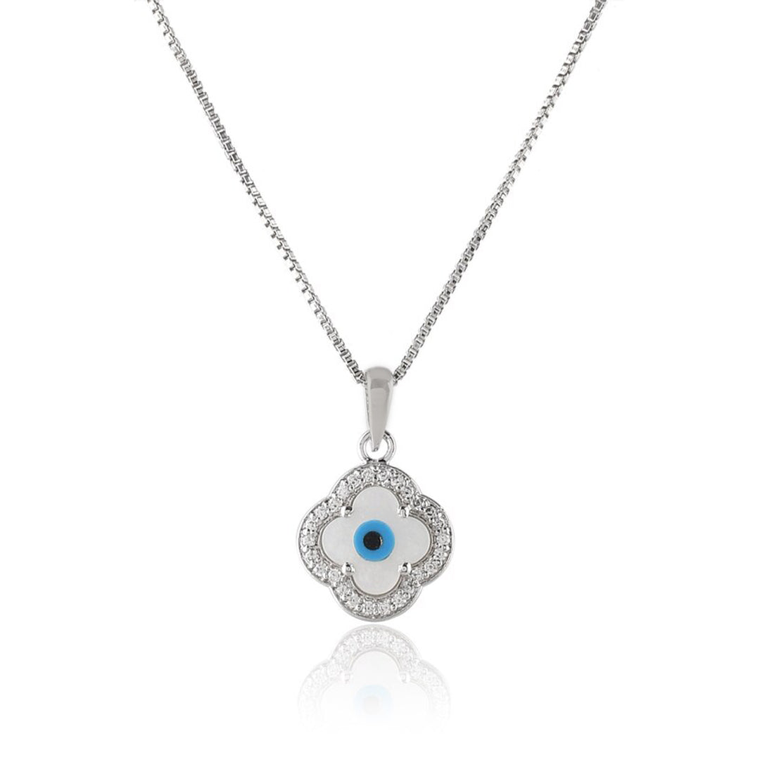Evil Eye Silver pendant in Cubic Zirconia with chain (Clover shaped)