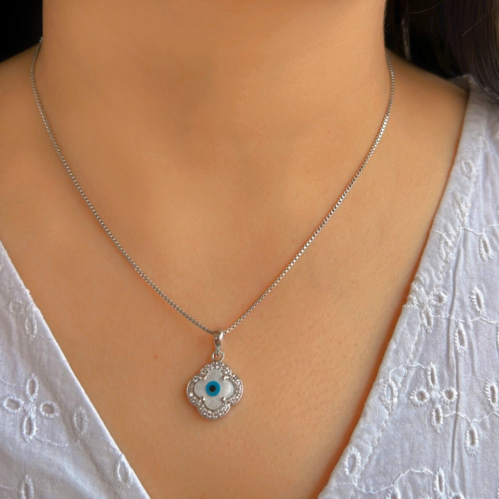 Evil Eye Silver pendant in Cubic Zirconia with chain (Clover shaped)