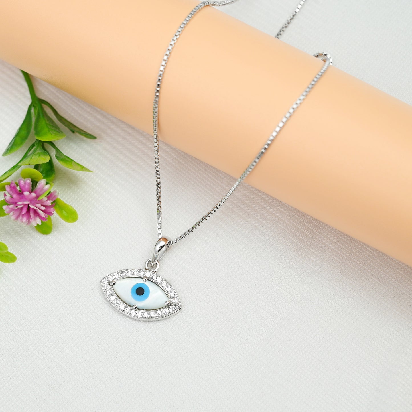 Elegant Evil Eye Design Pendant in Sterling Silver and CZ
