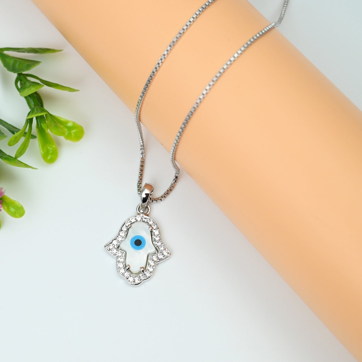 Evil Eye Silver pendant in Cubic Zirconia with chain (Humsa shaped)
